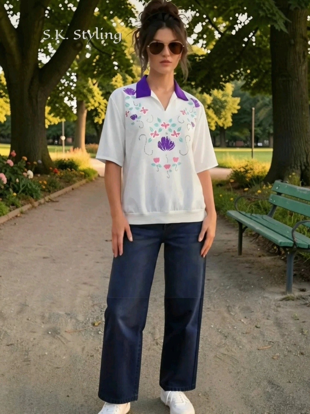 VTG 80s 90s Pastel Floral Polo Blouse Oversized XL Quirky Grandmacore Indie Kid